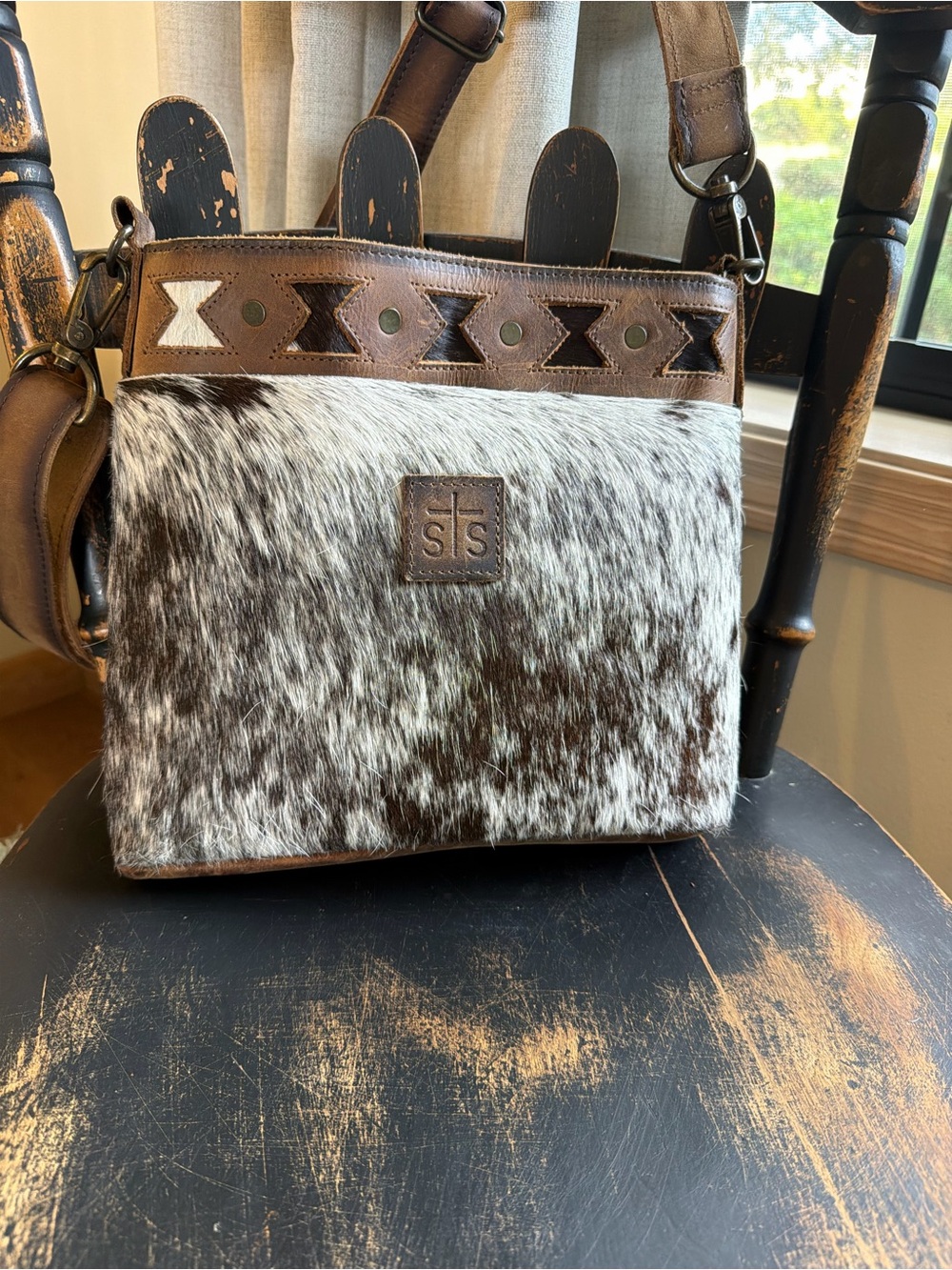 STS Ranchwear Brown and White Hair-On Hide Crossbody Purse with Leather Accents